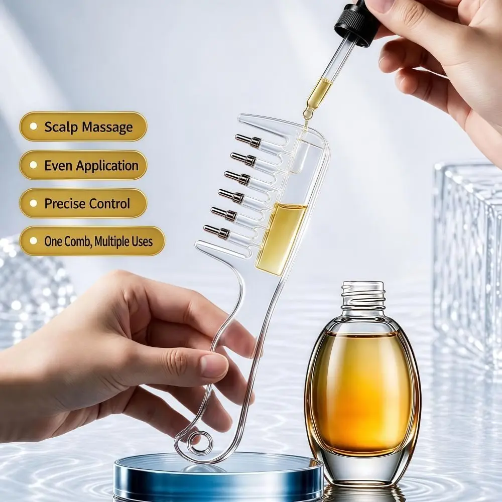 Transparent Essential Oil Applicator Massage Comb Rolling Metal Teeth 6-Tooth Liquid Guiding Scalp Massager Comb Precise