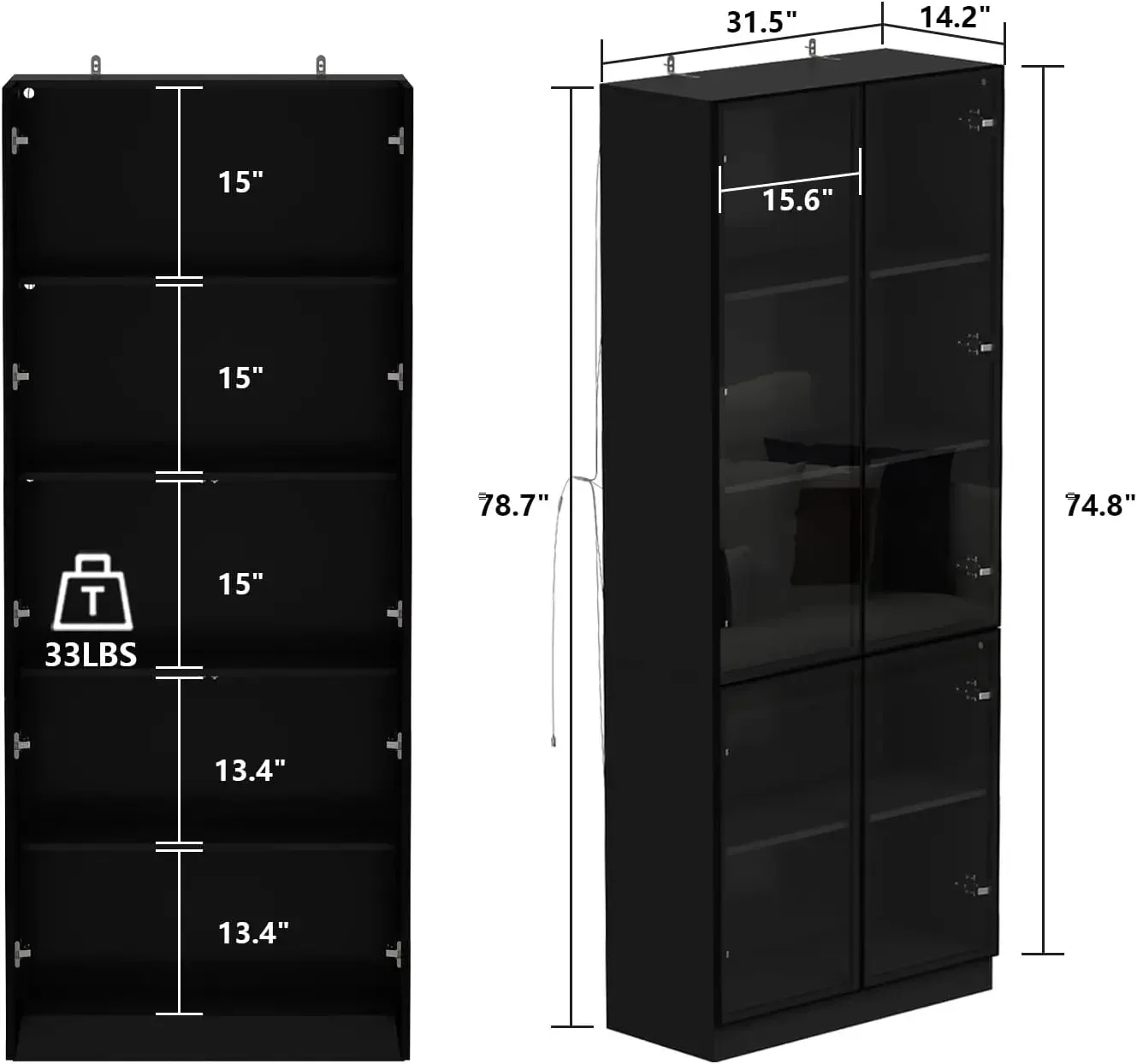 Bookcase Bookshelf with 5-Tier Shelves, 4 Glass Doors and LED Lights, Wooden Display Storage Cabinet for Home Office