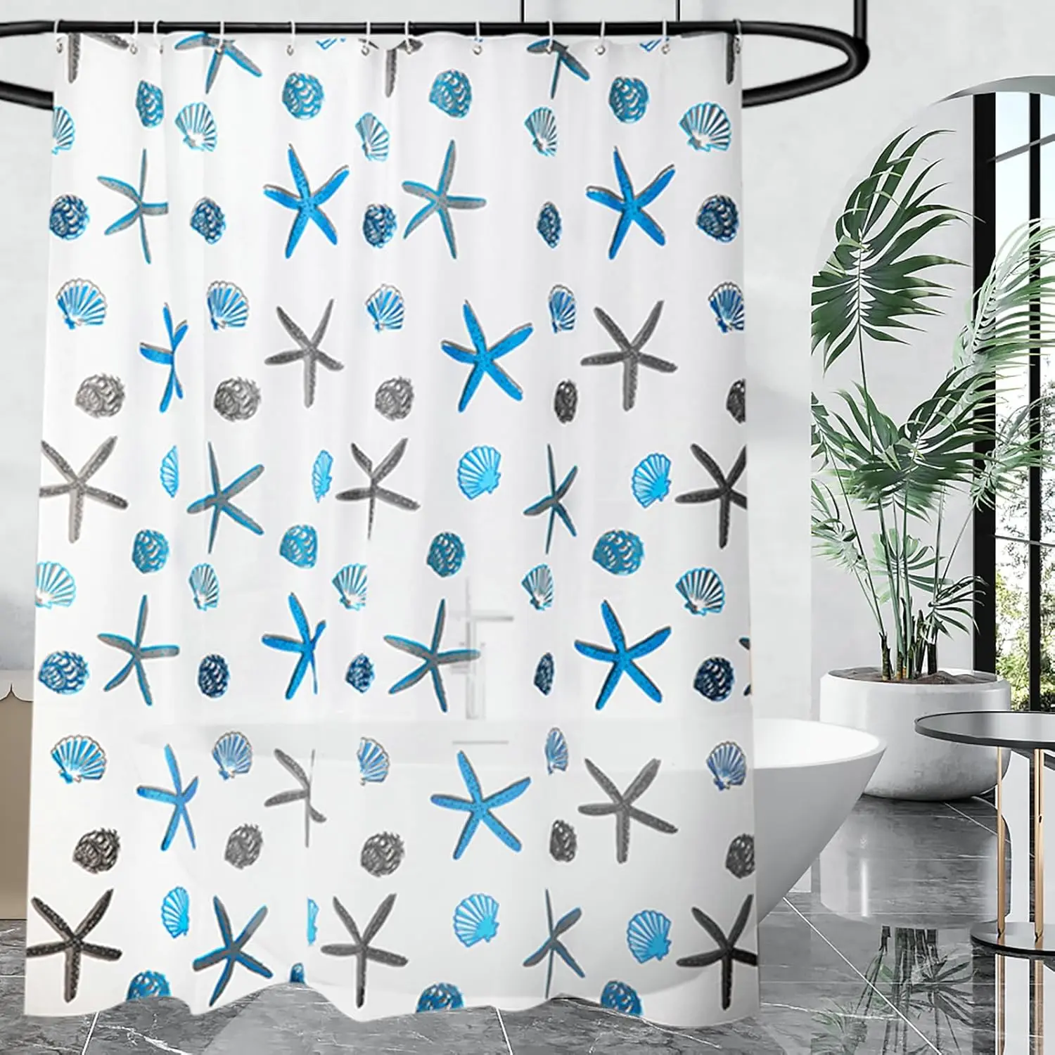 1 Stück halbtransparenter Duschvorhang mit Seestern-Aufdruck und Kunststoffhaken, 71 x 71 Zoll, leichter Badezimmer-Vorhang, Badvorhang