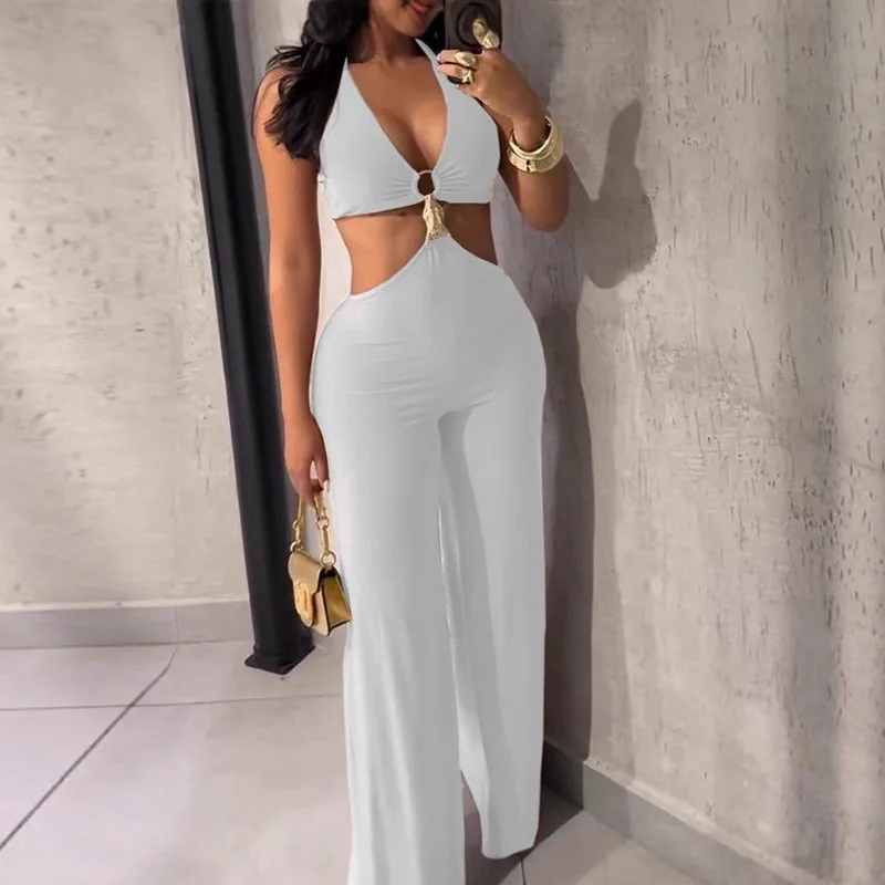 

Сексуальный летний комбинезон с вырезом на шее, однотонный, для клуба и вечеринок, с вырезами, прямой крой, повседневный, без рукавов, на бретельках