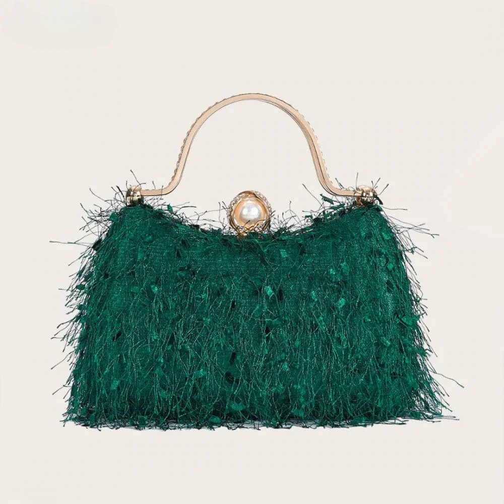 Bolso de mano con borla de memoria para fiesta de noche, bolso de mano de nailon de lujo para boda, bolso de hombro de plumas para mujer, bolso cruzado verde