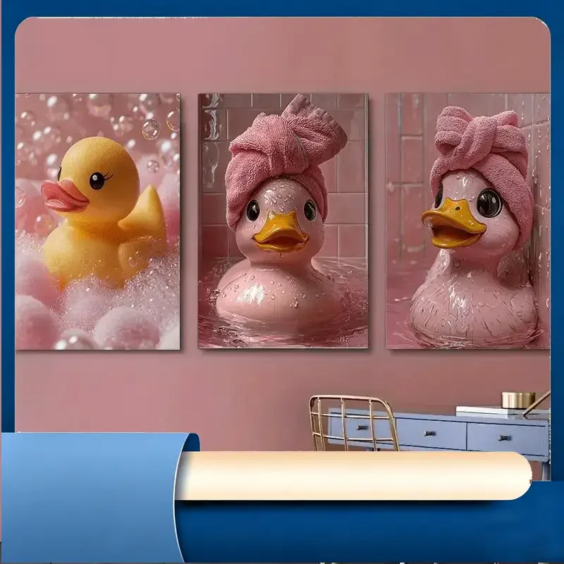 3pcs -Pink rubber ducks bath art Theme Canvas Wall Art Painting , 2D Flat, Suitable for Halloween, Christmas, Winter and Summ