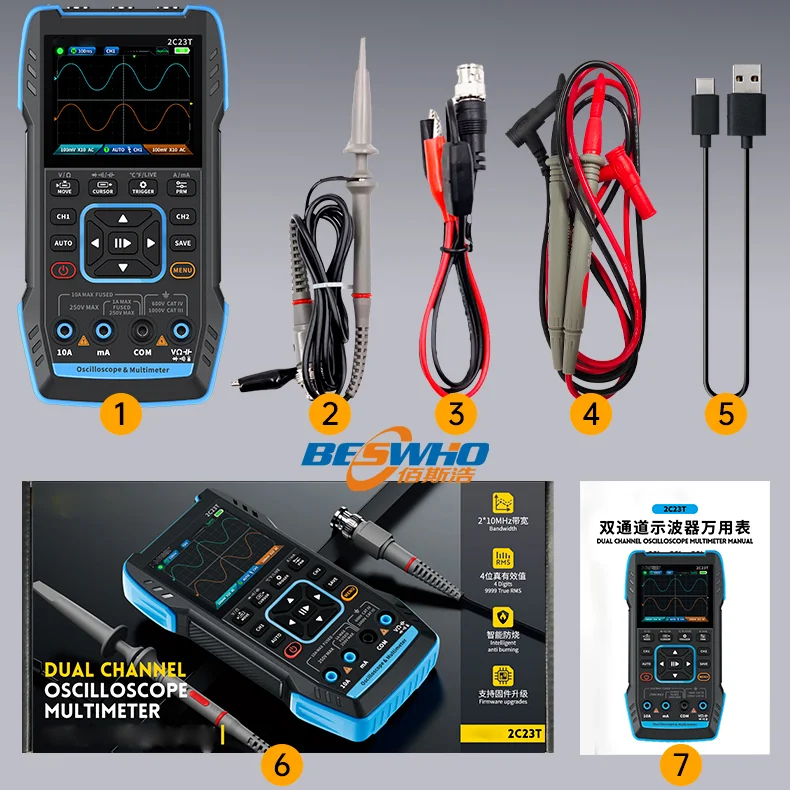 Multímetro portátil 3 en 1 con generador de señal de osciloscopio Digital portátil con doble canal 10MHz * 2 50MS/s características profesionales