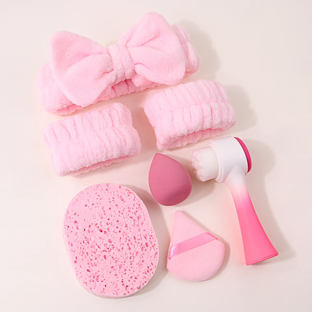 7PCS Makeup Tool Set.Bow Hair Band & Wrist Bands & Makeup Puffs & Facial Cleansing Sponge & Double‑Sided Facial Brush Beauty Kit