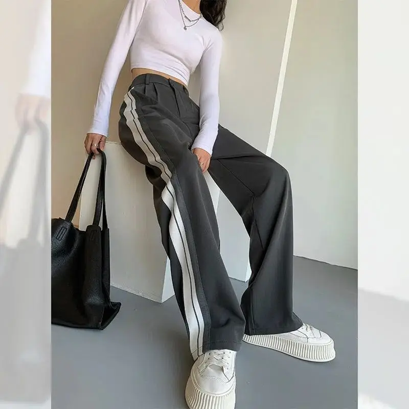 ใหม่ Basic สีเทากางเกงผู้หญิงเกาหลีแฟชั่นเอวสูงตรงลายกางเกงขากว้างฤดูใบไม้ผลิฤดูใบไม้ร่วง Baggy กางเกง