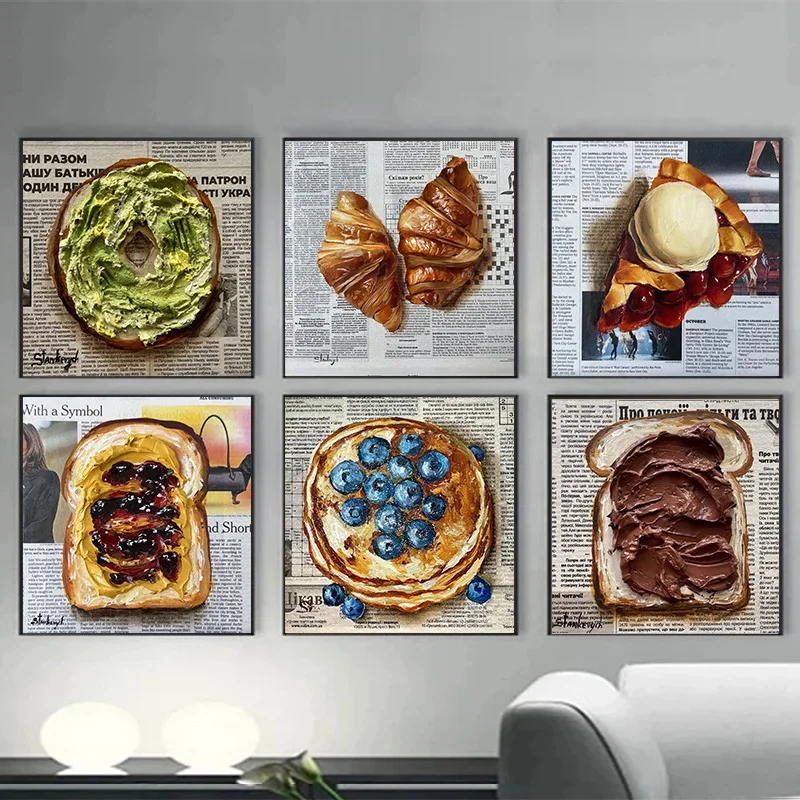 Cherry Pie Chocolate Pancakes Food Art Prints Newspaper Style Painting Modern Colorful Canvas Wall Art Kitchen Cafe Decor Gift