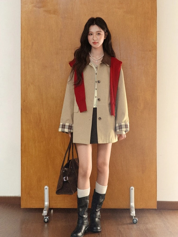 

ALXNAN Тренч цвета хаки, осенняя женская ветровка свободного покроя, контрастного цвета, со съемным воротником, клетчатые лоскутные манжеты, пальто L57852