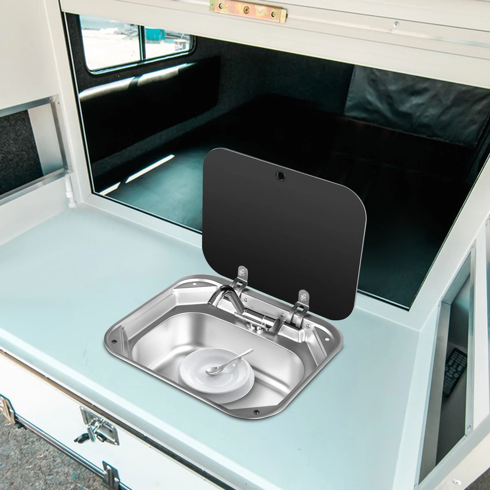 حوض RV حديث من الفولاذ المقاوم للصدأ 304 415*370*160 مم مع غطاء من الزجاج المقسى للتركيب تحت الطاولة