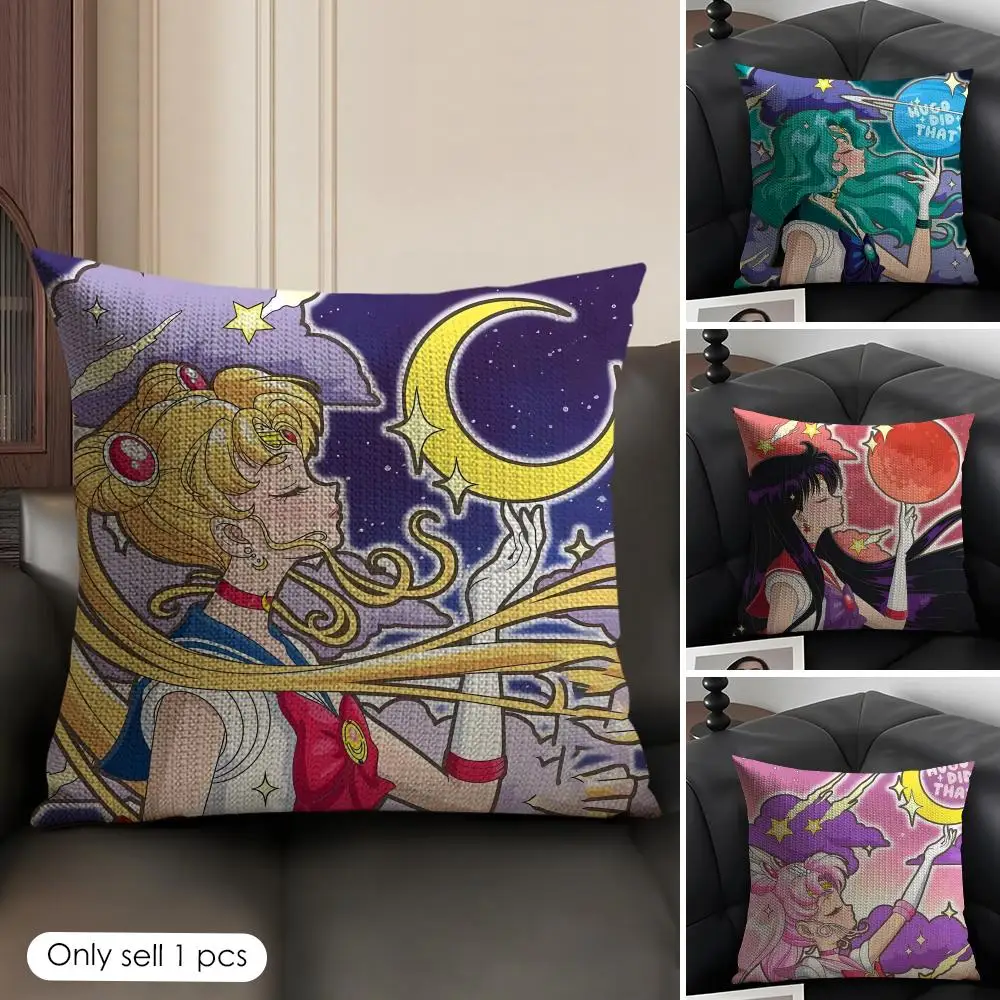 S-SAILOR Anime M-MOON Cushion Cover Natural Linen Organic Fabric Double-Sided Printing Sofa Home Decor Gift Pillow Case