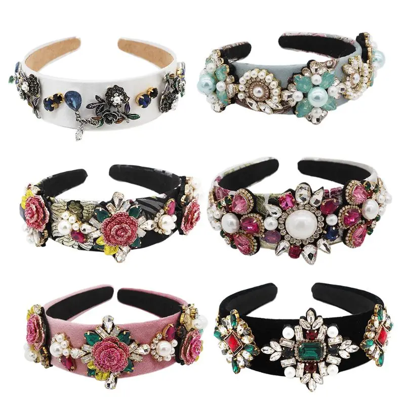 

Western Baroque Exaggerated Bandana Full Jewelry Glitter for Rhinestone Rose Flower Leaves Headband Women Prom Hair Hoop