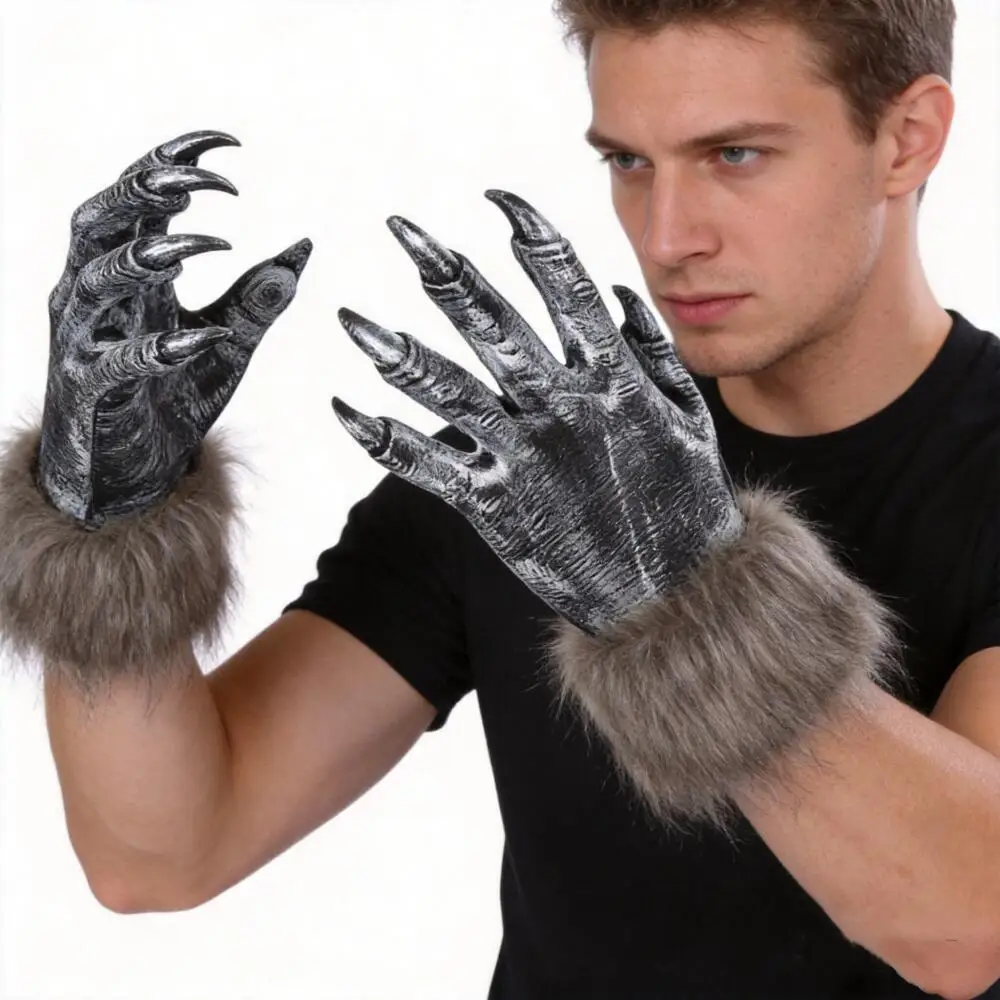 Halloween Werewolf Gloves with Furry Cuffs Scary Latex Hand Covers For Carnival Monster Cosplay Creepy Dress Up Grey Gloves Prop