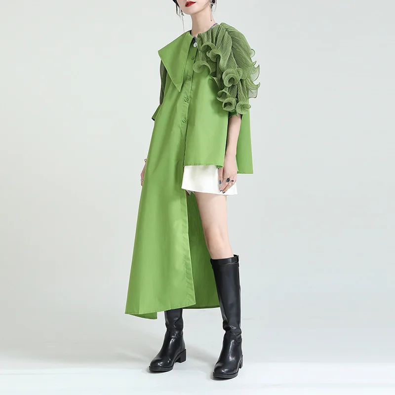 

New Irregular Puff Sleeve Shirt Dress 2025 Summer Splicing Lotus Leaf Waist Asymmetric Dress Vestidos De Fiesta