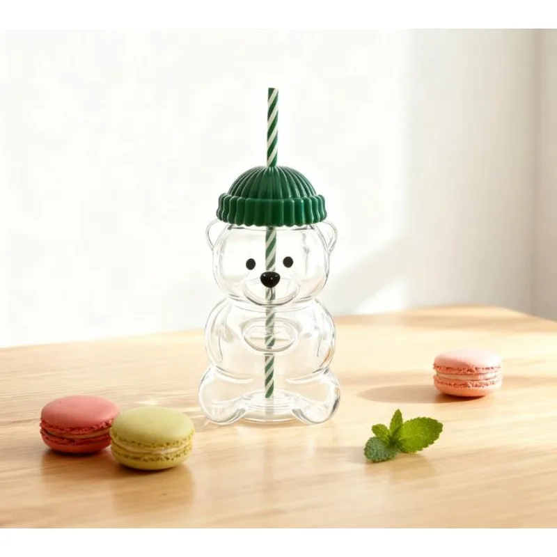 2026 جديد 20 أونصة الكرتون الدب على شكل كوب قهوة زجاجي لطيف الدب كوب القش شفافة الإبداعية الحليب القهوة كوب ماء