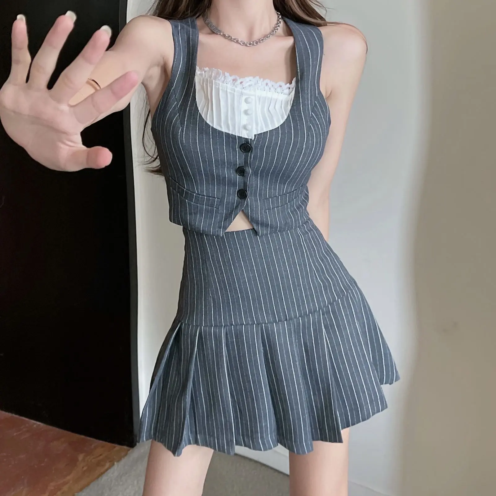 Grey Striped Patchwork Iace Women 2-Piece Set Button Sleeveless Vest + Pleated Skirt Summer Japanese Preppy Style Cute Girl Suit