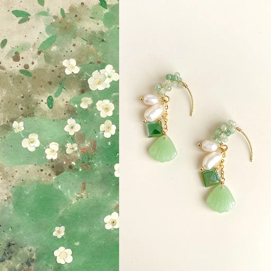 

Original Design Natural Gemstone Flower Earring For Women Freshwater Pearl & Jade Gold Plated Jewelry