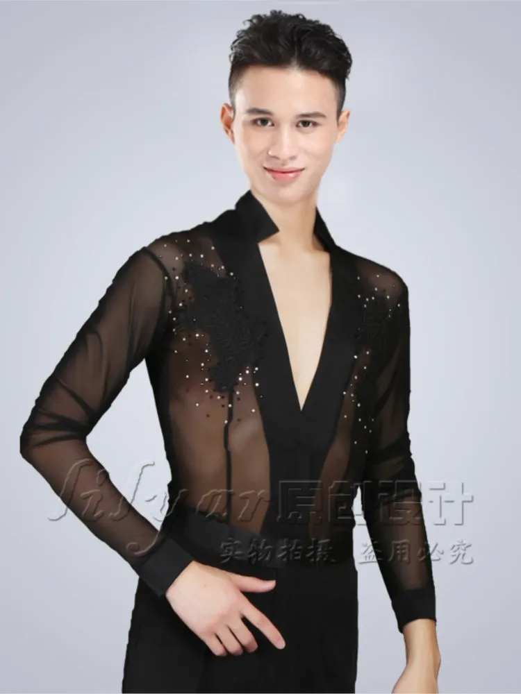 

New Latin Dance Men's Performance Suit With Long Sleeves And V-neck White Cha Cha Mesh Hollow Black Embroidered Top