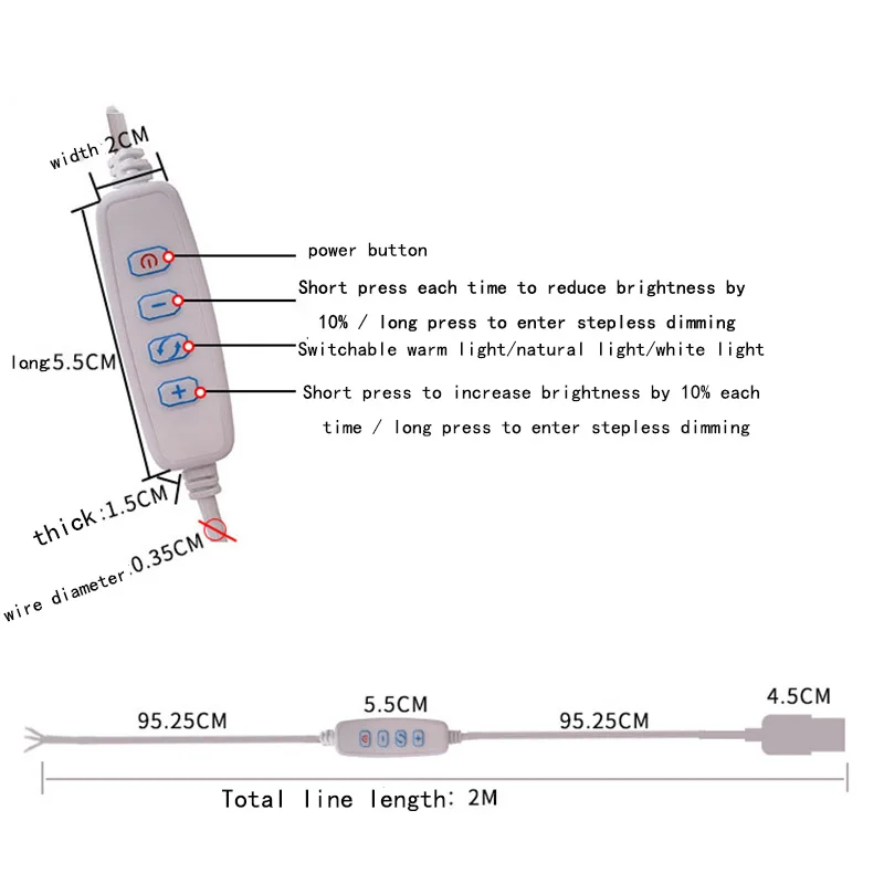 50PC DC5V LED Dimmer 4Key Controller USB Port Power Supply 2M Line Cable With ON OFF Switch Adapter Extension For LED Light Bulb