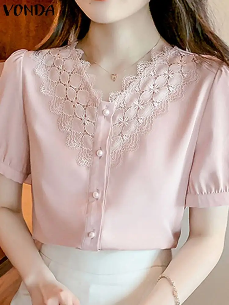 VONDA 2024 Summer Women Lace Shirt Elegant Solid Color Fashion Blouse Short Sleeve Tops Casual Loose V Neck Blusas Oversized