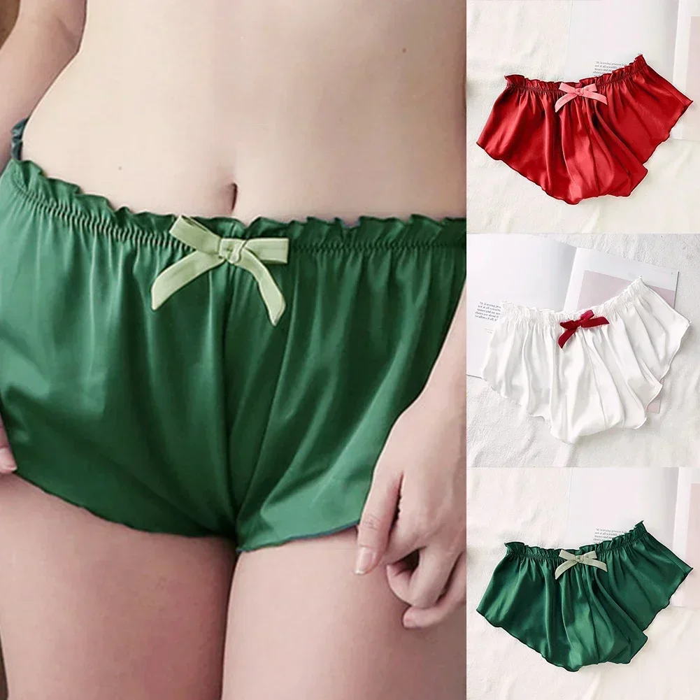 Vendita calda moda donna raso di seta solido lingerie pigiama fondo intimo mutande pantaloncini breve tinta unita fiocco mutande