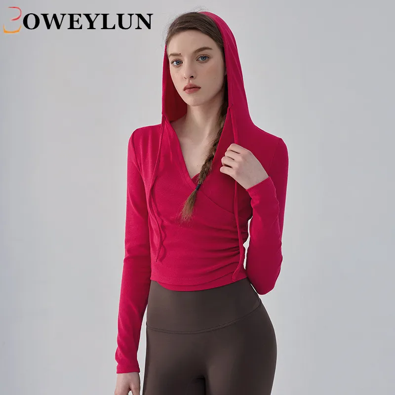 

BOWEYLUN V-neck Yoga Suit Women's Autumn and Winter Hooded Sweatshirt Slim Training Sports Top Running Fitness Suit Long Sleeved