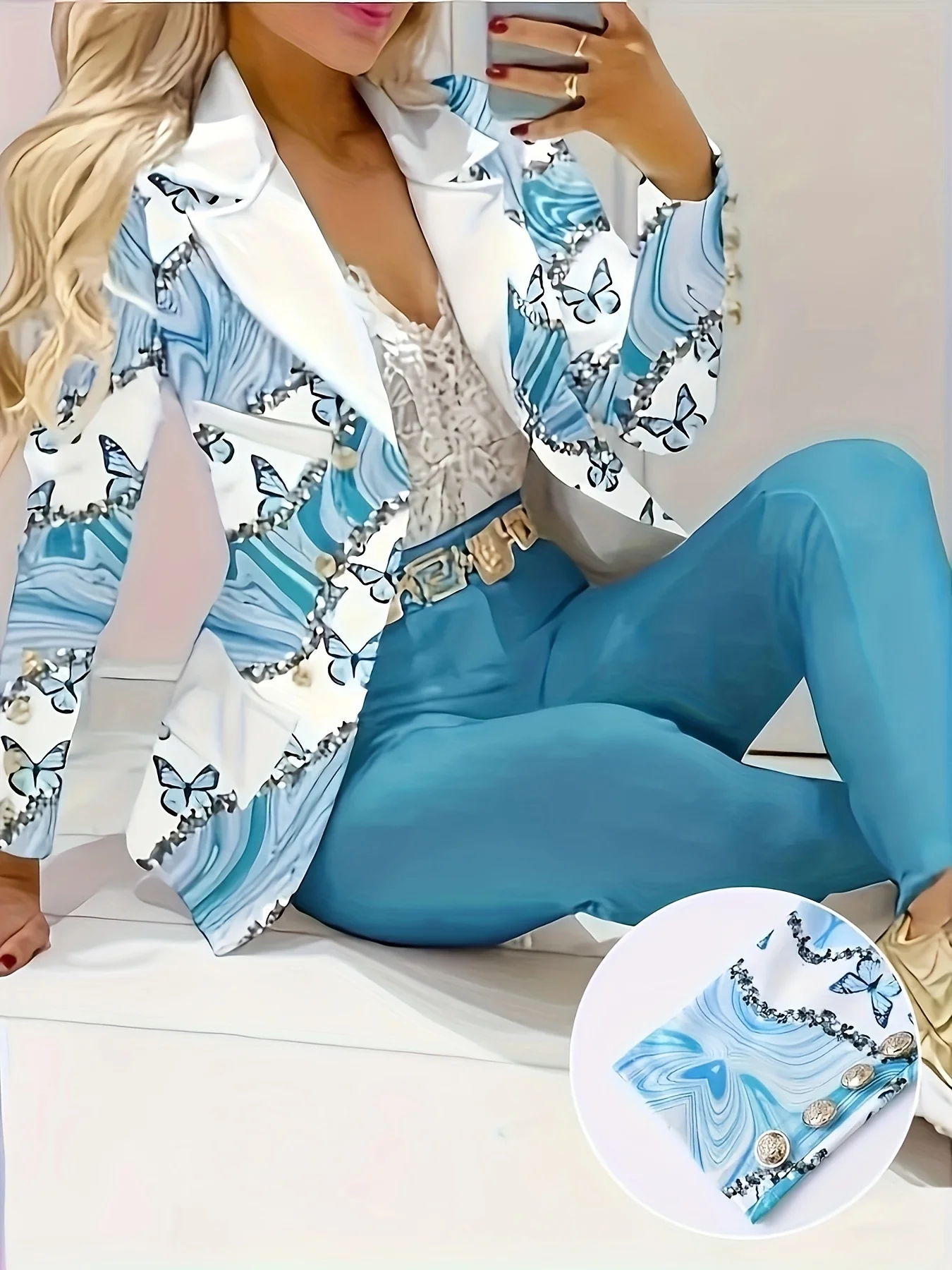 

Elegant Fashion Two-Piece Set, Butterfly Printed Collar, Pure Color Long Suit Jacket, High Waist Striped Pants,