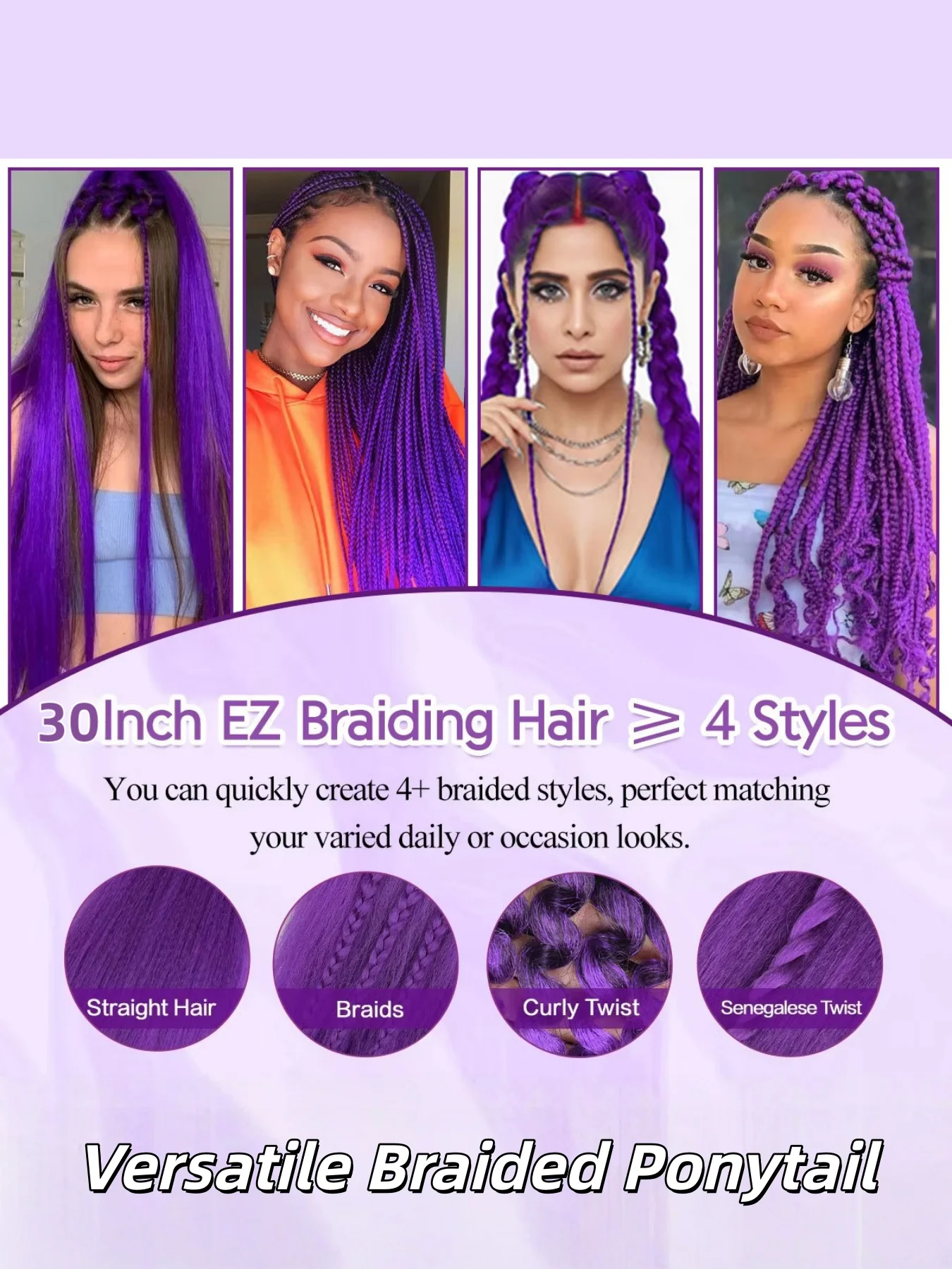 1/2/3 Strands of Solid Color High-Temperature Synthetic Purple Braids, Suitable for All Seasons, Length 30 Inches, Ideal for Stage Parties and Holiday Celebrations