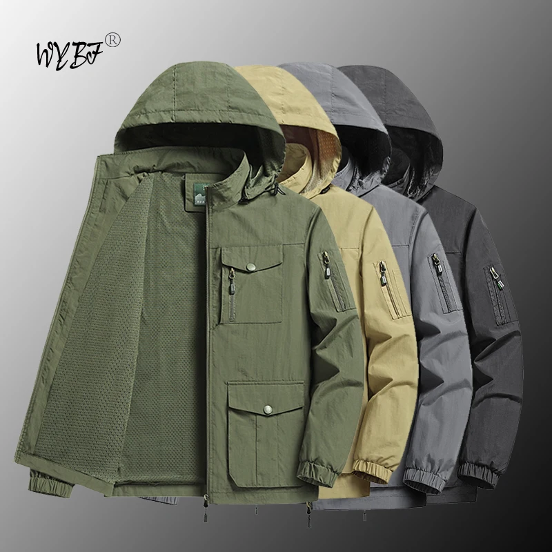 Chaqueta táctica impermeable con bolsillos y cremallera para hombre, chaqueta de trabajo con capucha Softshell para exteriores, abrigo cortavientos, primavera y otoño