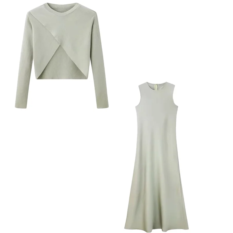 2025 Sommer Damen Mode Langes Kleid Elegantes Satinkleid Gestricktes Oberteil Set Maxi Bodenlange Damen Freizeitkleidung Chic – Detail 5