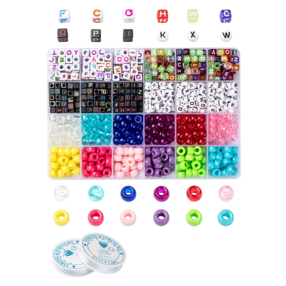 1 Box Transparent & Opaque Acrylic Beads Mix Color With 2 Roll Elastic Crystal Thread Jewelry Accessories DIY Kits