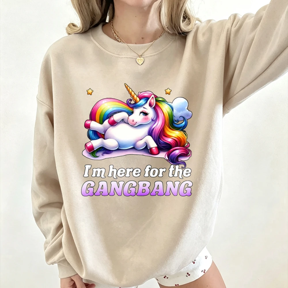 I'm Here for The Gangbang Rainbow Unicorn Sweatshirt Niedlicher Lazy Unicorn Star Pullover Neuartiger Cartoon-Unisex-Freizeitpullover