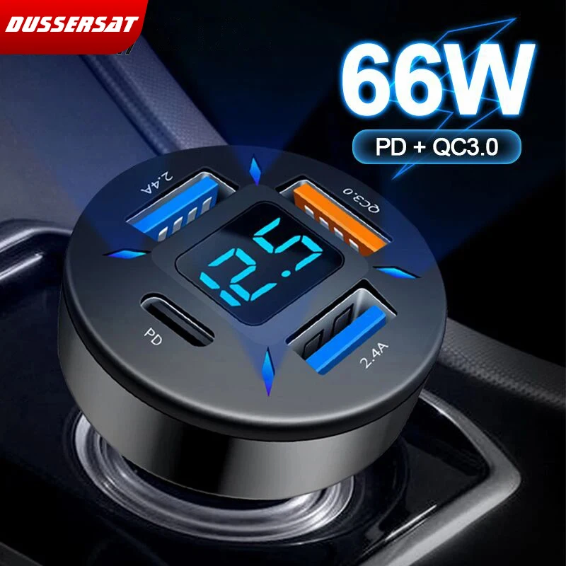 66W 4 Ports USB Car Charger Fast Charging PD Quick Charge 3.0 USB C Car Phone Charger Adapter For iPhone 13 12 Xiaomi Samsung