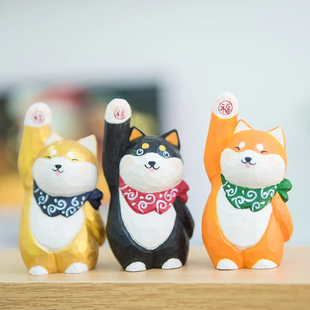 Bring Good Fortune Wood Carving Shiba-Inu Ornament Solid Wood Handmade Painted Cartoon Shiba-Inu Sculpture Small Simple Style