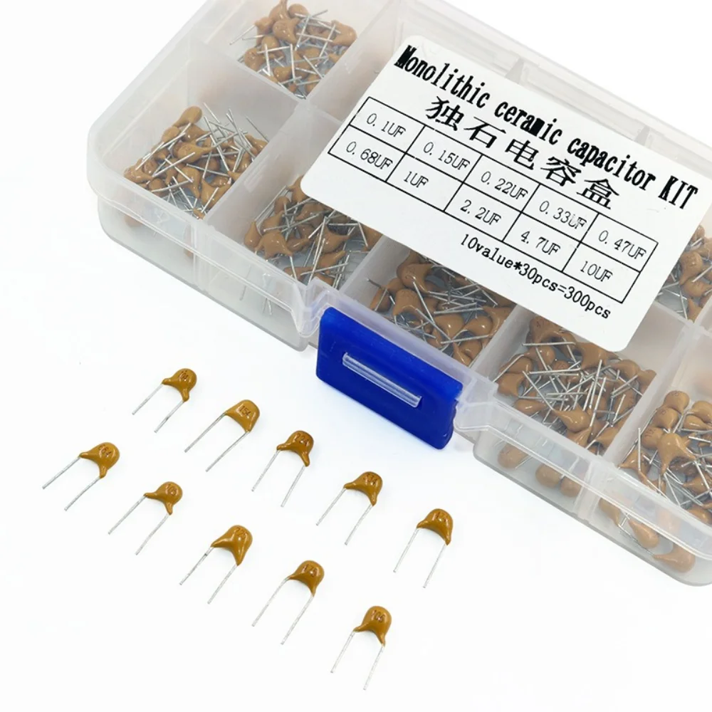 Capacitor Kit Monolithic Ceramic Capacitor Assortment Box 300Pcs 10 Values 0.1uF-10uF for DIY