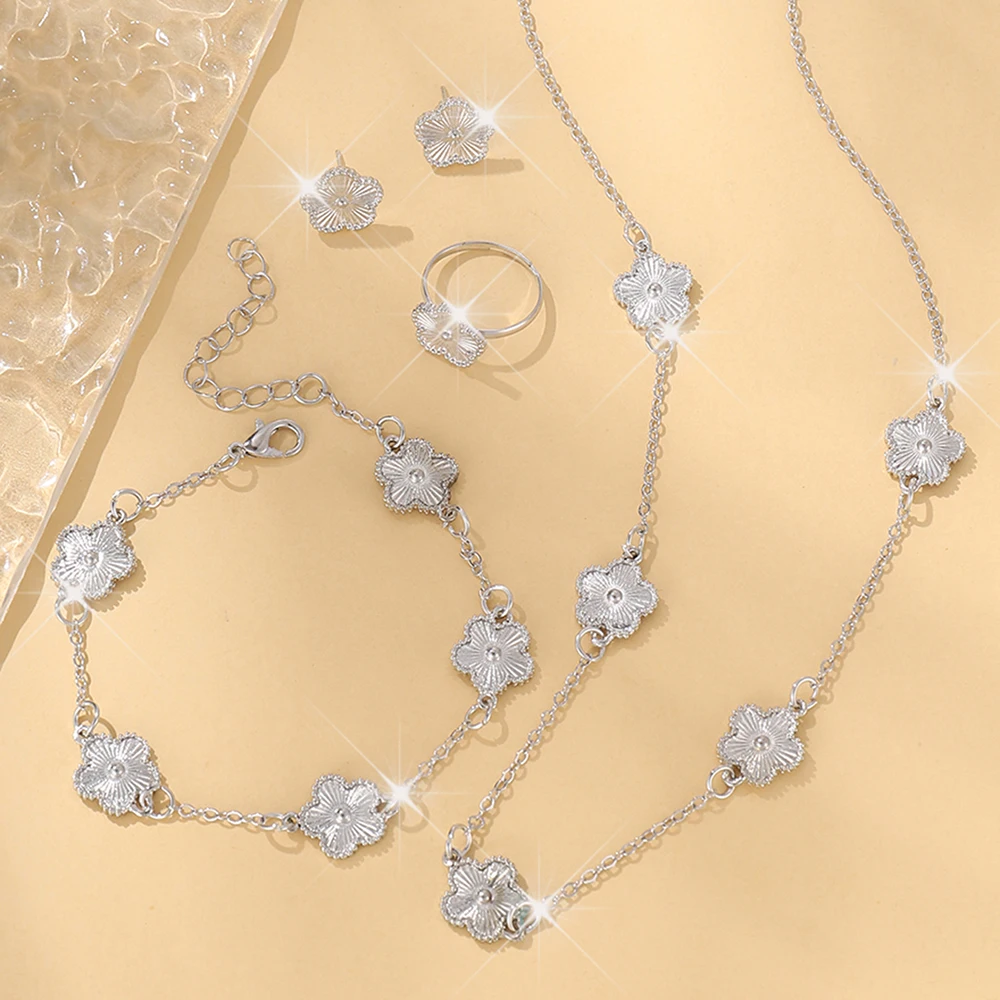 5 Piece Set Fashionable Elegant Rhinestone flower Shaped Decorative Jewelry Earrings Necklaces Bracelets Ring Combinations