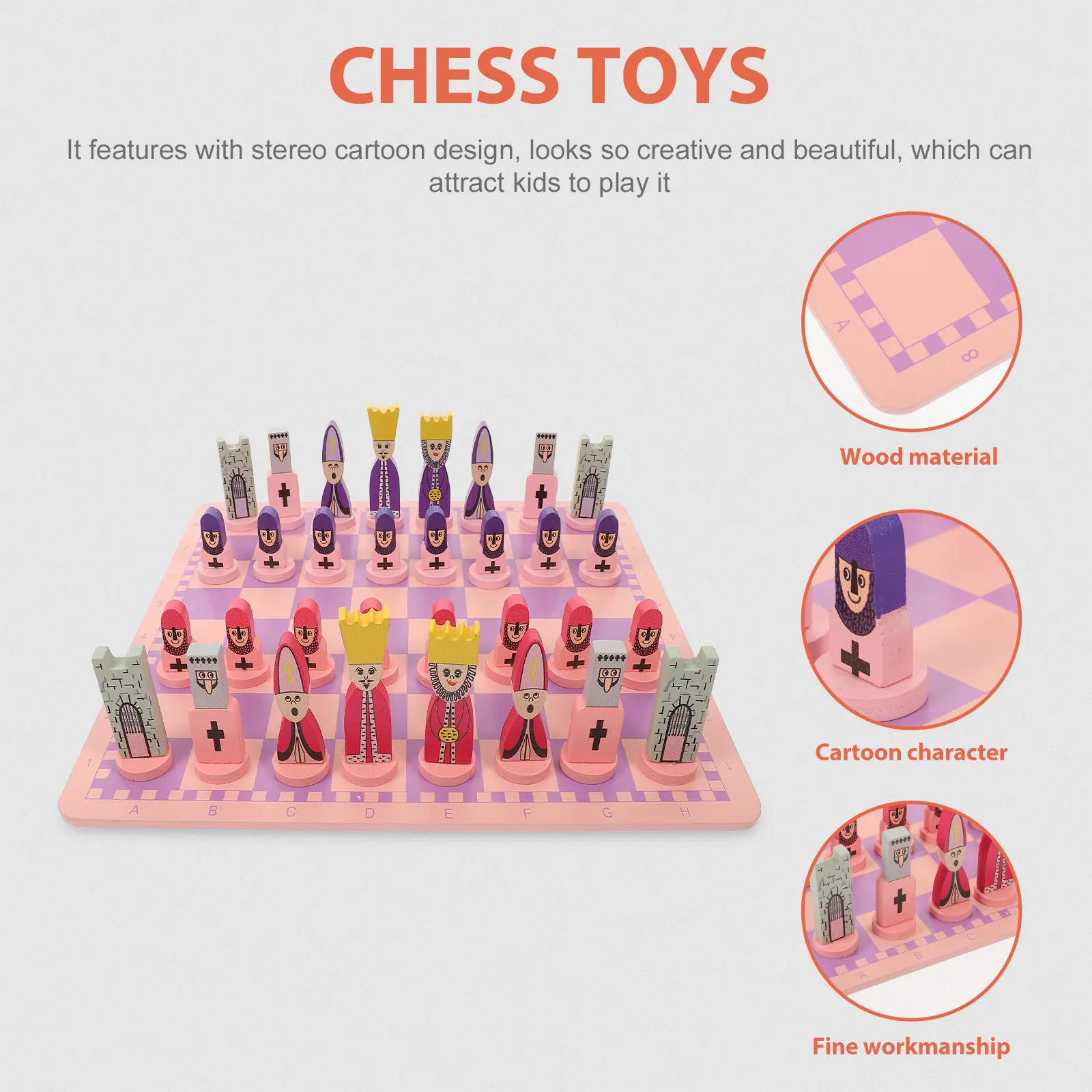 

1Set Stereo Cartoon Design Wooden Chess Set with Board 3 Games in 1 Educational Game for Children Adults Travel