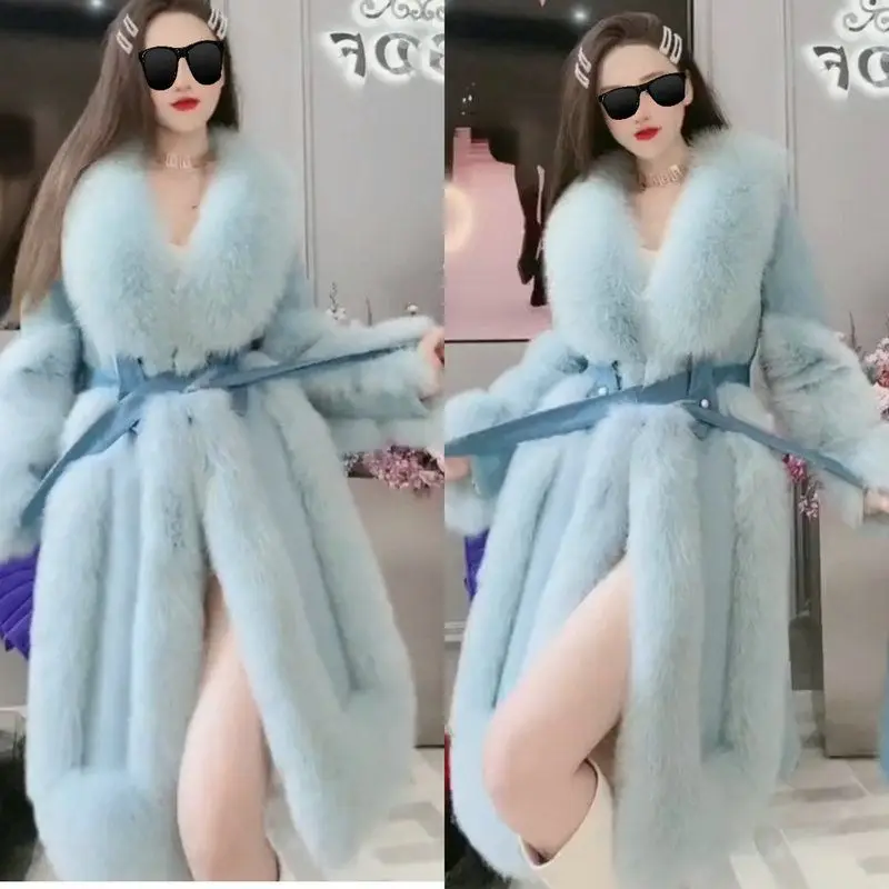 2023 Winter New Women Big Fur Collar Parkas Long Sleeve Mink Fur Fox Outwear Prevent Fur Overcoat Belt Slim Faux Fur Coat