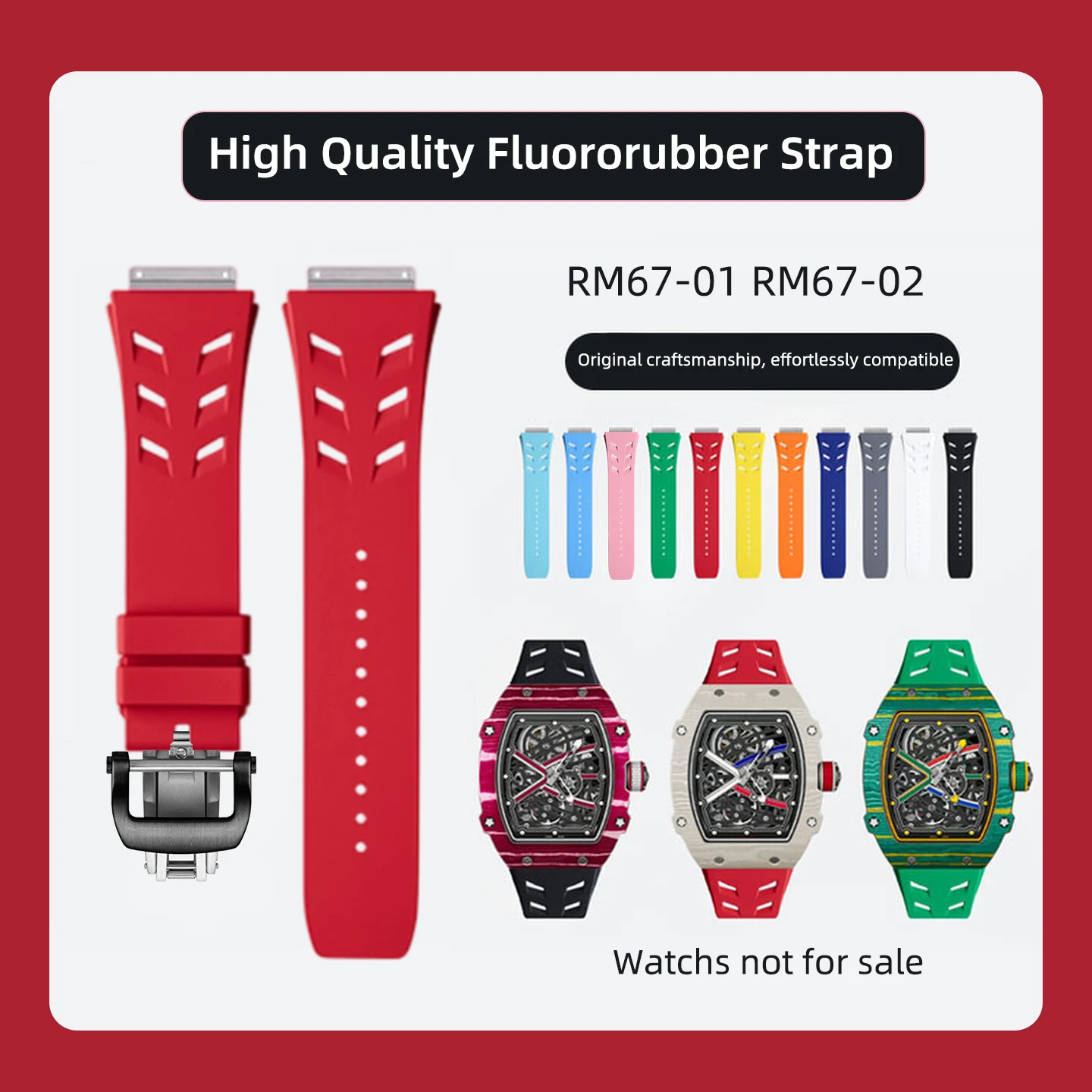 RM67 FKM watchband for Richard Miller RM67-01/RM67-02 Soft Fluororubber Strap Black/Blue/Green/Red/Pink/White with Metal Buckle