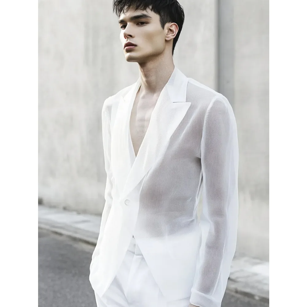 

Men Mesh Blazer White Sheer Party Coat Casual Evening Stylish Lapel Collar Single Button Slim Fit Lightweight Jacket Outerwear