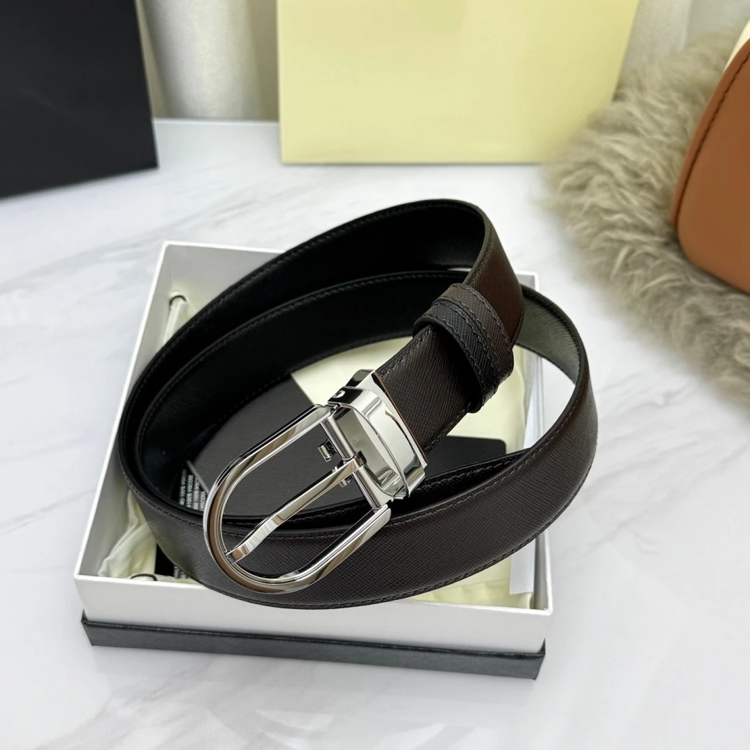 Luxury Brand Men's Reversible Cross-Grain Belt Rotatable Oval Pin Buckle Black Brown Dual‑Sided Business Formal Waist Strap
