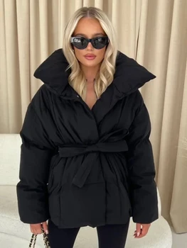 Women Solid Fashion Lapel Tie-up Cotton Coat Long Sleeved Waist Cinched Warm Loose Jacket Lady Casual Commute Winter Outwear 2 Women Solid Fashion Lapel Tie-up Cotton Coat Long Sleeved Waist Cinched Warm Loose Jacket Lady Casual Commute Winter Outwear 2