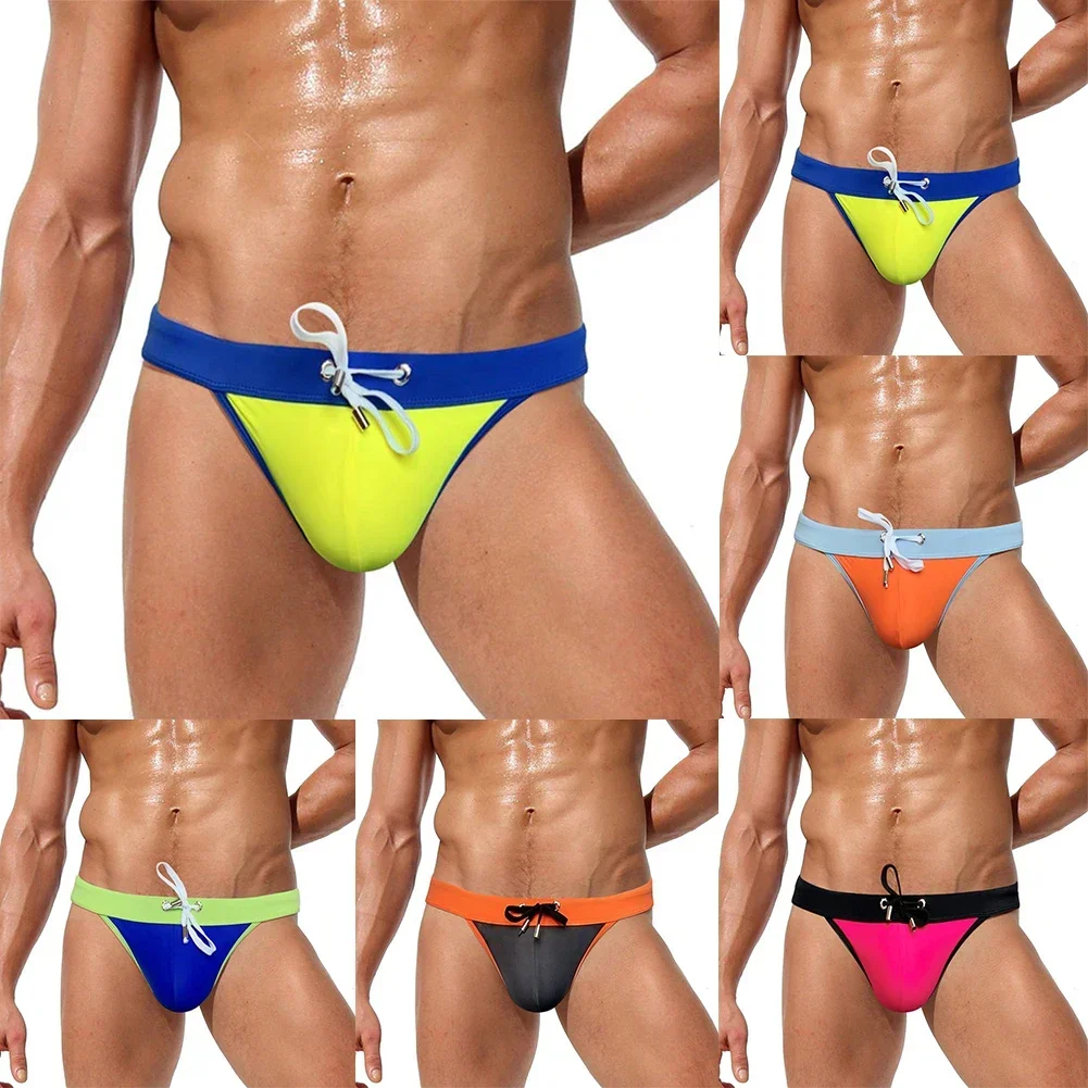 Men Sexy Stitching Bikini Mens Sexy Underwear Swimwear Thong Briefs Swimming Solid Shorts Gays Sissy Bulge Pouch Trunks Beach