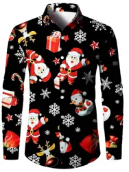 New Hawaiian Christmas Theme Santa Claus Tree Shirt For Men Casual Vintage Tops 3d Printed Flower Long Sleeve Clothing Holidays