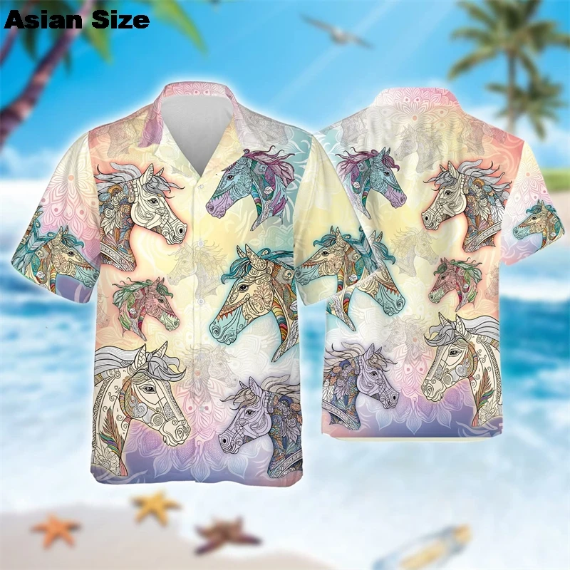 Beautiful Horse Graphic Hawaii Beach Shirt Casual Male Streetwear Harajuku Fashion 2025 Horses Lapel Blouse Women Short Sleeve