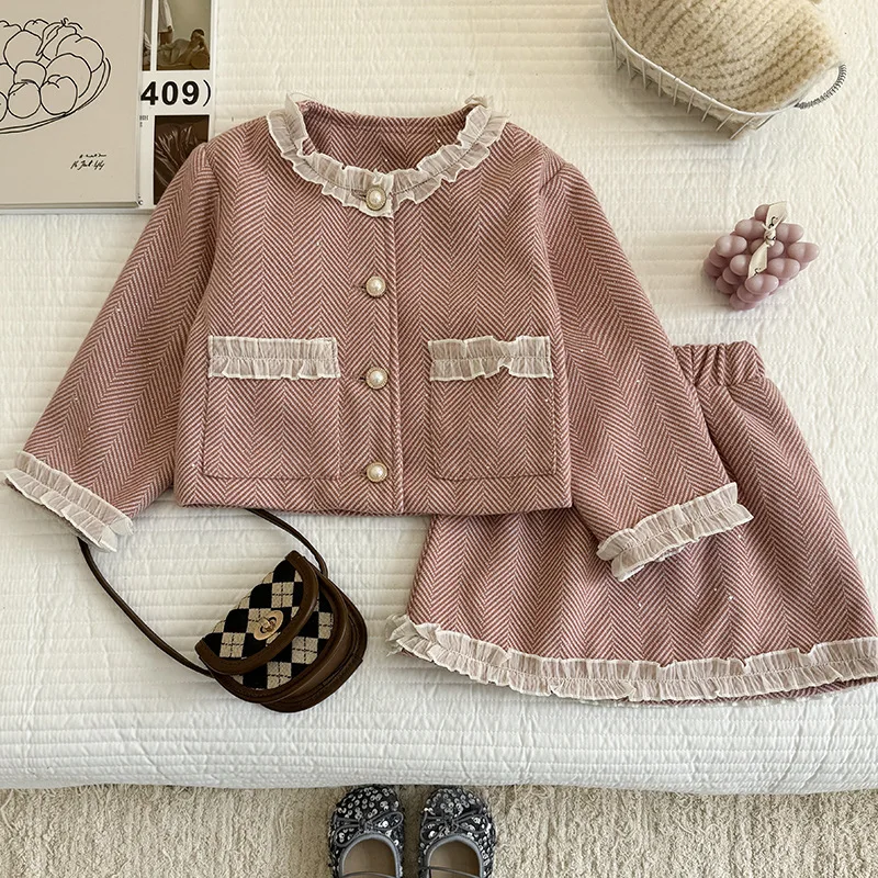 

Комплекты одежды для девочек, весна-осень 2024, детская модная кожаная куртка, юбка, костюм из двух предметов, детская одежда на 7 лет