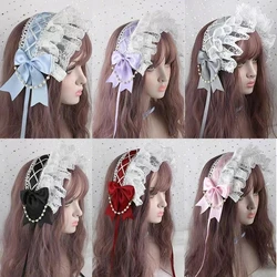 Lolita Sweet Women fascia per capelli con fiocco in nastro di pizzo arruffato a contrasto di colore con forcine copricapo da cameriera Anime