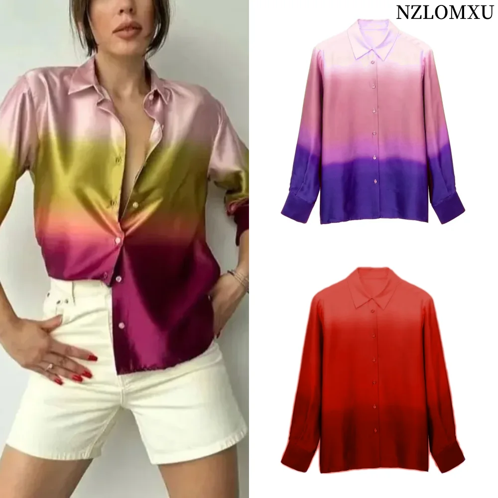 Tie Dye Shirt For Women Casual Button Lapel Print Satin Long Sleeve Shirts 2023 Streetwear Female Chic Tops Slim Blouse