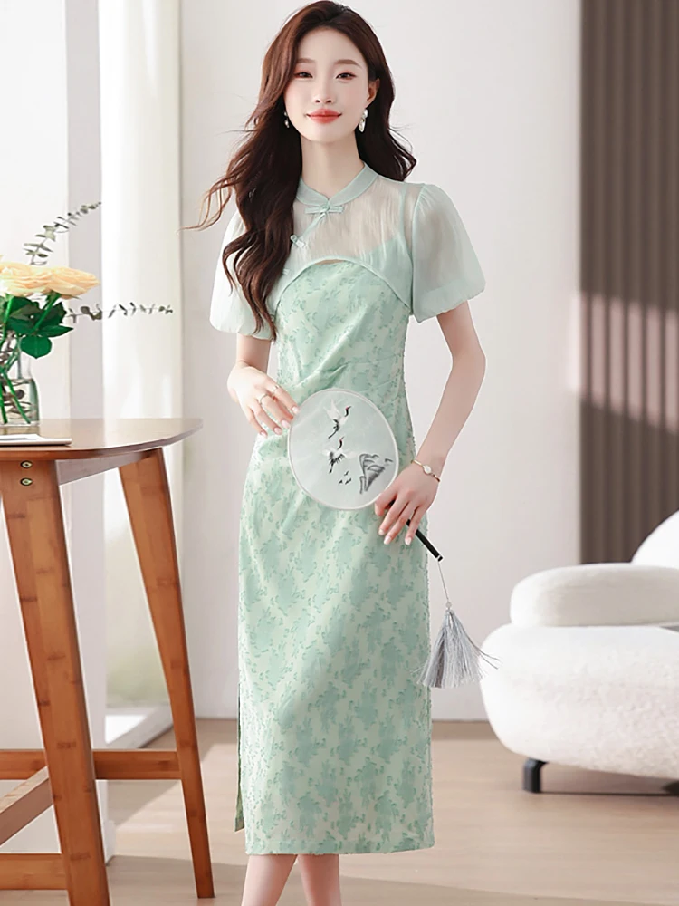 2025 جديد الأخضر طباعة مطوي فستان بكتافة + شبكة قميص حريمي قطعتين مجموعات المرأة الصيف الكورية أنيقة فستان مناسبات غير رسمية مجموعات