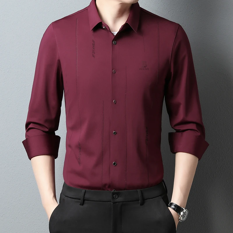 

Nylon Spandex Seamless Elastic Luxury Long Sleeve Shirts For Men Spring New Quality Smooth Comfortable Boutique Camisa Masculina