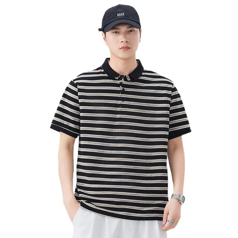 Summer Trendy Brand Fashion Versatile Polo Shirt Men's Retro Rascal Handsome Loose and Simple Striped Ice Silk Collar T-shirt