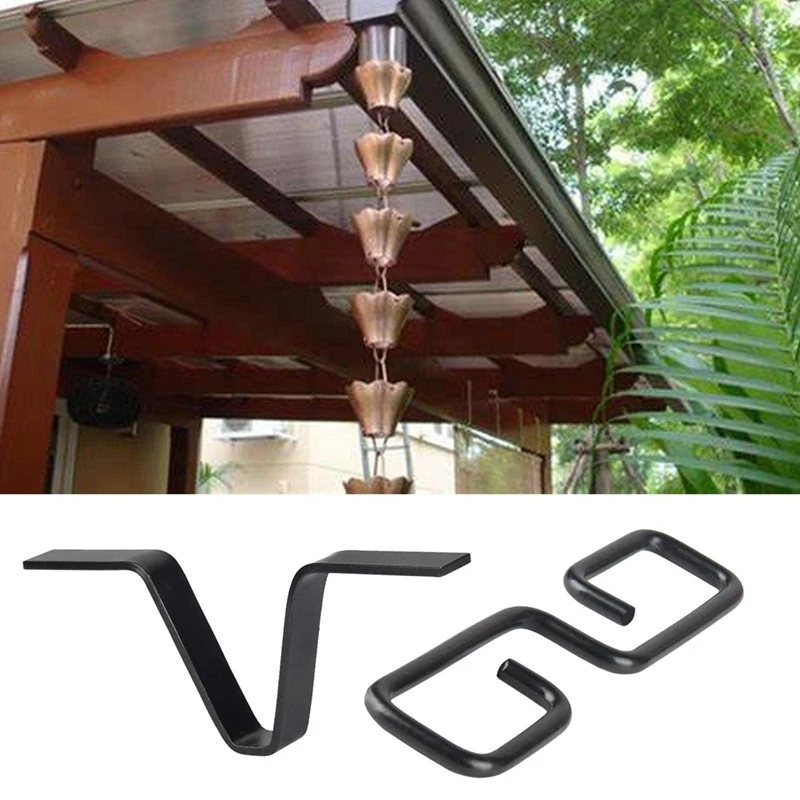 Rain Chain Gutter Adapter, Black V-Shaped Rain Chain Adapter with S-Shaped Hook, Rain Chain Hook for Outside-A68X